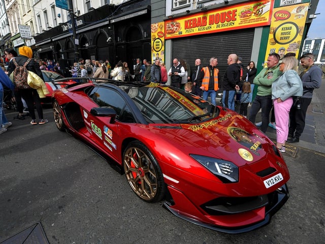 One of the 48 super cars and American Muscle cars that took part in the Bear Run from Derry’s Shipquay Street to Donegal and Inishowen, on Saturday morning, raising funds for Bumbleance, the Children’s Ambulance Service. Photo: George Sweeney. DER2317GS – 113