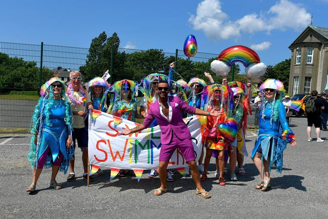 Grand Marshall, Derry’s own Micky Doherty, pictured with the Swilly Swimmers at the Inishowen Pride Parade held in Buncrana on Sunday afternoon. Photo: George Sweeney. DER2322GS - 01