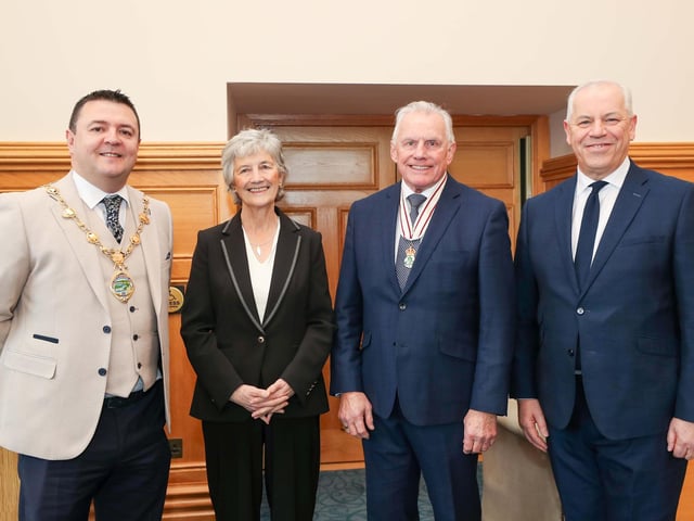 Irish President Catherine Connolly with the Mayor of Derry and Strabane Councillor Ruairí McHugh, Lord Lieutenant of the City Ian Crowe and John Kelpie, chief executive, Derry and Strabane Council. Photo Lorcan Doherty