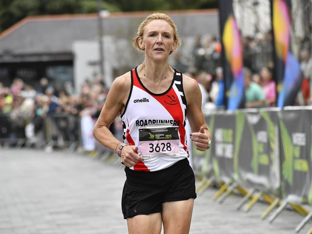 Pamela Kirk, Roadrunners AC, second female to complete the 2025 Waterside Half Marathon. Photo: George Sweeney
