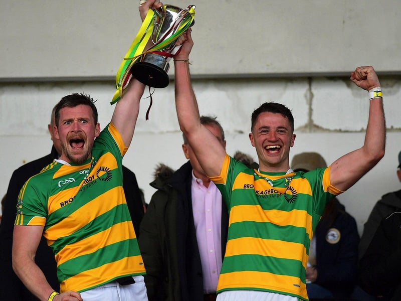 October 2023: Joint captains Traglach Bradley and Neill McNicholl celebrate Glenullin’s Intermediate Football Championship final victory over Banagher in Celtic Park. Photo: George Sweeney