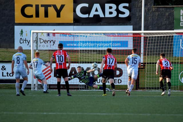 Derry City goalkeeper Brian Mahar saves a first half penalty from Shelbourne’s Shane Farrell (17).  Photo: George Sweeney. DER2321GS - 