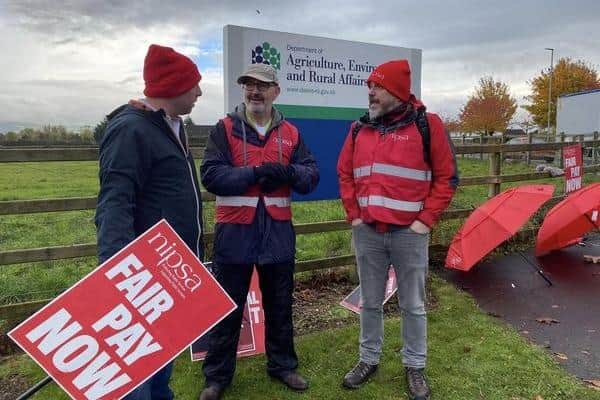 NIPSA members on strike for better pay at DAERA headquarters in Ballykelly.
