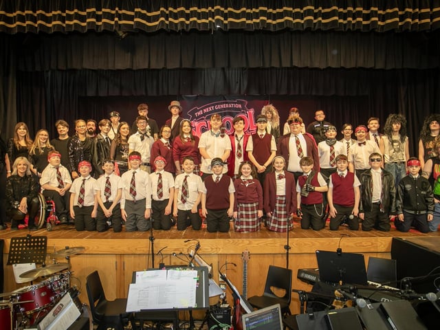 'SCHOOL OF ROCK!' - The Complete cast of St. Joseph's Boys School 'School of Rock - The Musical' who performed over three nights at the Creggan school. (Photos: Jim McCafferty Photography)
