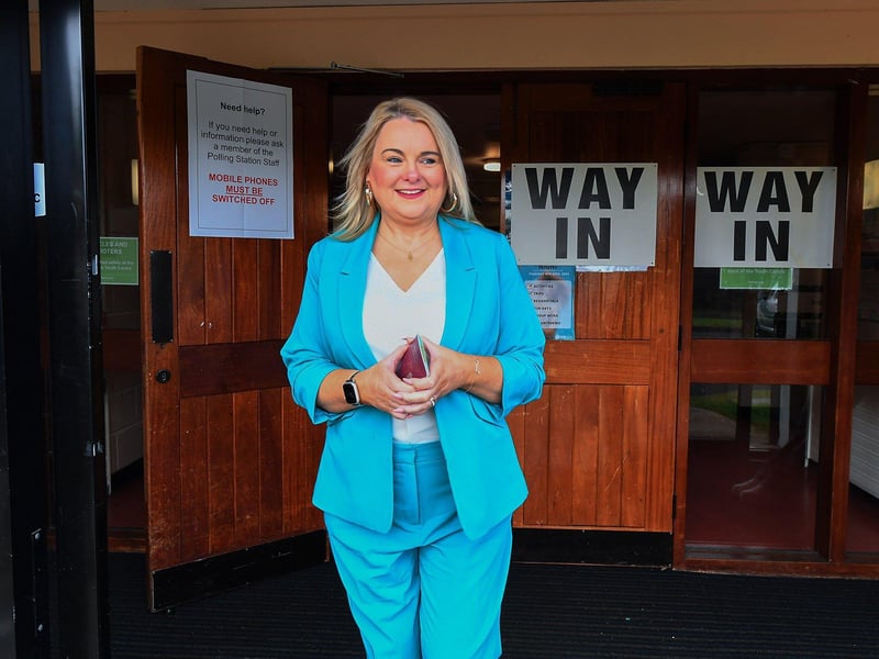 Sinn Fein's Foyle candidate Sandra Duffy, accompanied by MLA’s Ciara Ferguson and  Pádraig Delargy arrives at the Lenamore Youth Centre to cast her vote in the Westminster general election.  Photo: George Sweeney