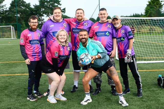 The Galaxy team with local celebrity Mickey Doherty at the Foyle Pride Football v Homophobia held in the Waterside Shared Village. (Photo - Tom Heaney, nwpresspics)