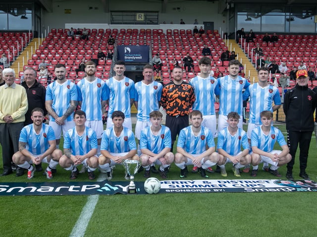 The Phoenix Athletic FC team who played Tristar in the Jimbo Crossan Memorial Cup final at Brandywell on Saturday. Included are D&D officials and sponsors. (Photos: Jim McCafferty Photography)