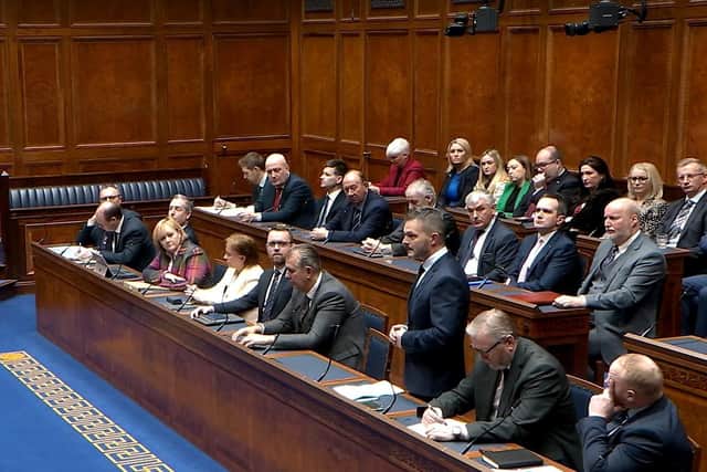 DUP MLAs listen to Robbie Butler of the UUP as they blocked the restoration of an Executive on January 17.