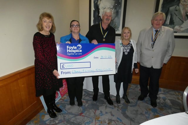 Presentation of cheques to Foyle Hospice as a result of the proceeds of the recent LMS concert in the Millennium Theatre. From left are: Judith O’Hare – Londonderry Musical Society; Kathleen Bradley – Foyle Hospice; Robert Blair – Londonderry Musical Society and President of Limavady Rotary Club; Addis Blair – Londonderry Musical Society and John MacCrossan – President Derry Rotary Club.