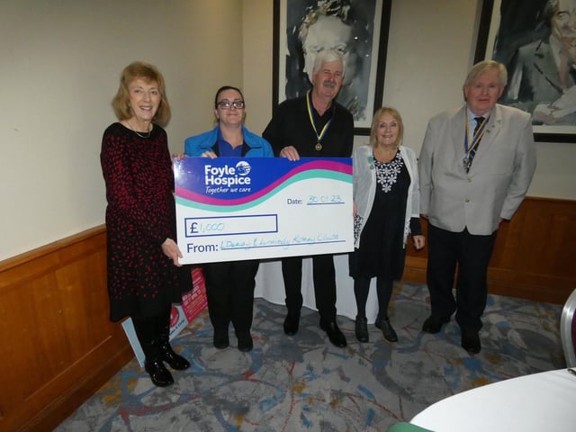 Presentation of cheques to Foyle Hospice as a result of the proceeds of the recent LMS concert in the Millennium Theatre. From left are: Judith O’Hare – Londonderry Musical Society; Kathleen Bradley – Foyle Hospice; Robert Blair – Londonderry Musical Society and President of Limavady Rotary Club; Addis Blair – Londonderry Musical Society and John MacCrossan – President Derry Rotary Club.