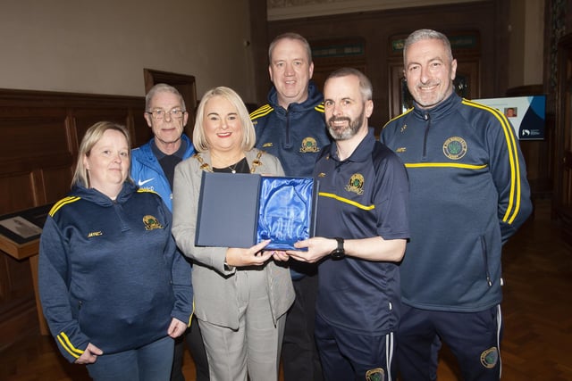 Don Boscos FC committee members pictured with the Mayor, Sandra Duffy at Friday night’s Mayoral Reception to mark the club’s 50th anniversary. From left are Julie Duffy, treasurer, Hen McDaid, vice chairperson, Liam McGilloway, secretary, Marty Crumley, chairperson and Jock Dunne, head of coaching.