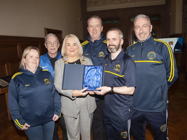 Don Boscos FC committee members pictured with the Mayor, Sandra Duffy at Friday night’s Mayoral Reception to mark the club’s 50th anniversary. From left are Julie Duffy, treasurer, Hen McDaid, vice chairperson, Liam McGilloway, secretary, Marty Crumley, chairperson and Jock Dunne, head of coaching.