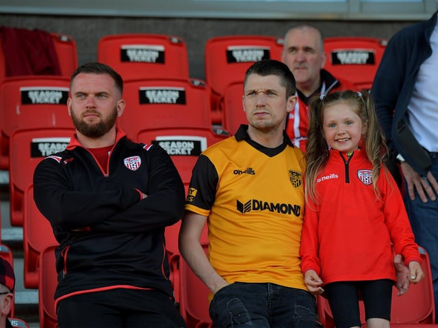 Derry City fans at the game against Shelbourne in the Ryan McBride Brandywell Stadium. Photo: George Sweeney. DER2321GS - 69