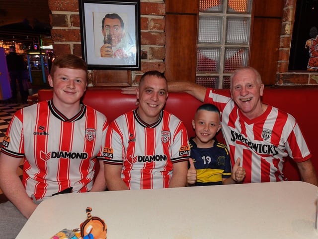 Derry City fans pictured at the Brunswick Moviebowl ahead of the live screening of the candystripes’ Europe Conference League away to FCB Magpies on Thursday evening. Photo: George Sweeney