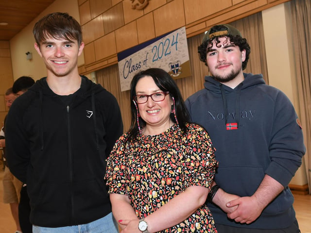 Caroline McLaughlin, Principal, pictured high achievers Jim Green and Seån McLaughlin at St. Columb's College on Thursday morning.