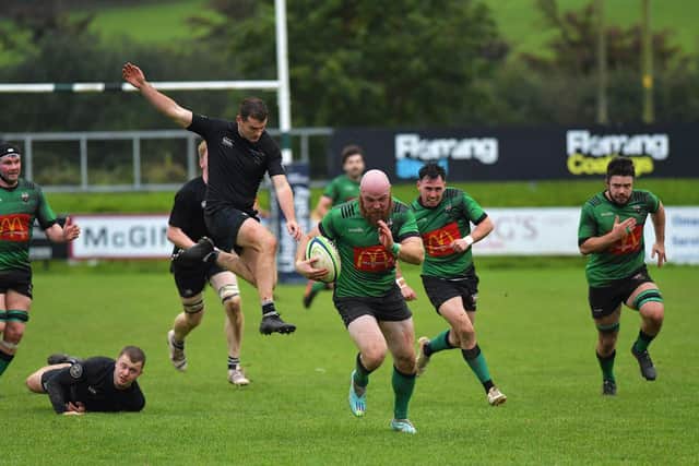 David Graham barges forward to score City of Derry’s second try against Connemara during their All Ireland Junior Cup game at Judges Road on Saturday afternoon. Photo: George Sweeney