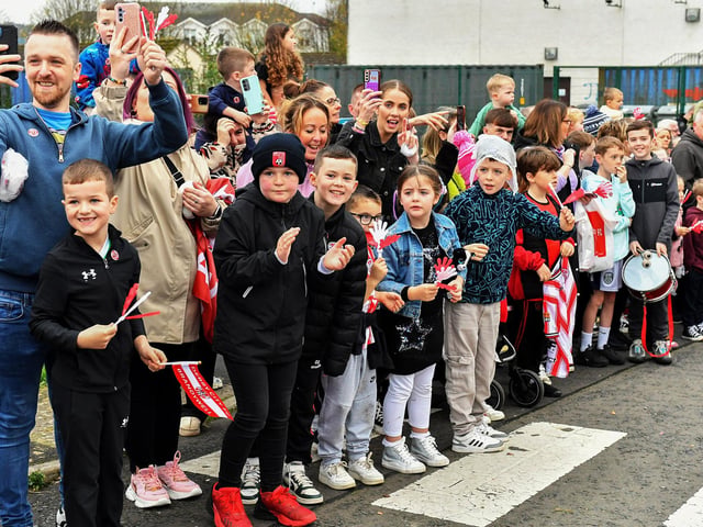 Derry City fans at the Brandywell Stadium on Saturday morning prior to the team’s departure for Dublin ahead of Sunday’s FAI Cup Final against Drogheda United. Photograph: George Sweeney