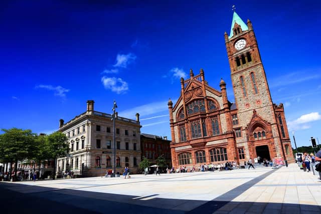 The Guildhall was designed by John Guy Ferguson with a clock tower based on the Elizabeth Clock on London’s Big Ben.It was originally built in 1890 with funding from the Honourable Irish Society and rebuilt in 1908 after a fire and in 1977 following damage from two bombs.The building was extensively restored between 2010 and 2013 at a cost of £8 million and won a Regional Award from the Royal Institute of British Architects in 2014.Highlights include the Council chamber of Derry City and Strabane District Council, a special collection of international peace accolades awarded to John Hume and the Main Hall’s organ which is one of the biggest in Ireland, featuring over 3,000 pipes.