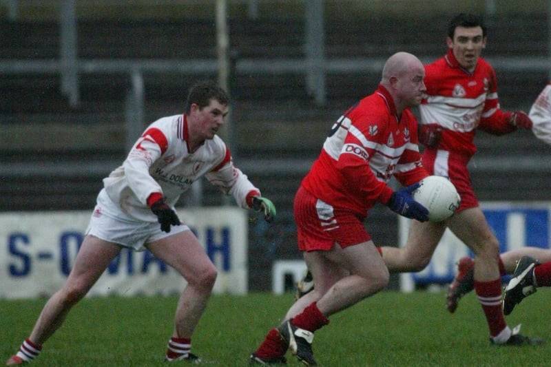 Geoffrey McGonagle, who scored 0-2, goes at the Tyrone defence in Healy Park in January 2004.