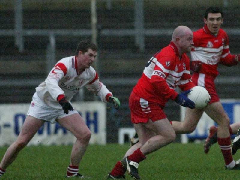 Geoffrey McGonagle, who scored 0-2, goes at the Tyrone defence in Healy Park in January 2004.