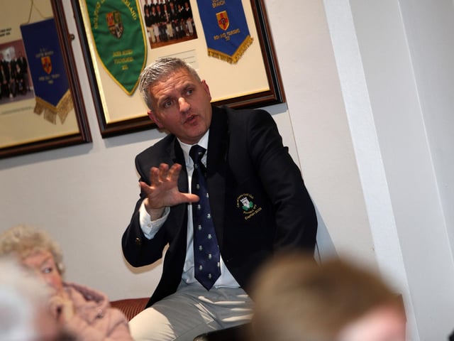 Current City of Derry Golf Club Captain Adrian Johnston asks Naoimh a question about her career during Friday's event.