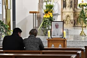 St Eugene’s Cathedral parishioners pray for Pope Francis who died early on Monday morning aged 88. Pope Francis (Jorge Mario Bergoglio) was discharged from hospital last month after five weeks of treatment for an infection that led to double pneumonia. He was first Latin American and the first Jesuit to be elected pontiff. Photo: George Sweeney
