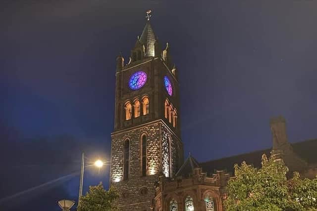 The Guildhall lit up pink and blue for Baby Loss Awareness Week.