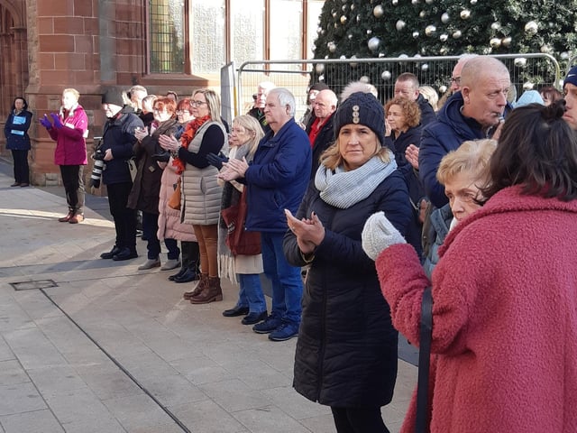 People gather at the ‘Bin the Legacy Bill’ protest, organised by The Bloody Sunday Trust and the Pat Finucane Centre, at Guildhall Square on Wednesday afternoon. Photo: George Sweeney. DER2247GS – 51