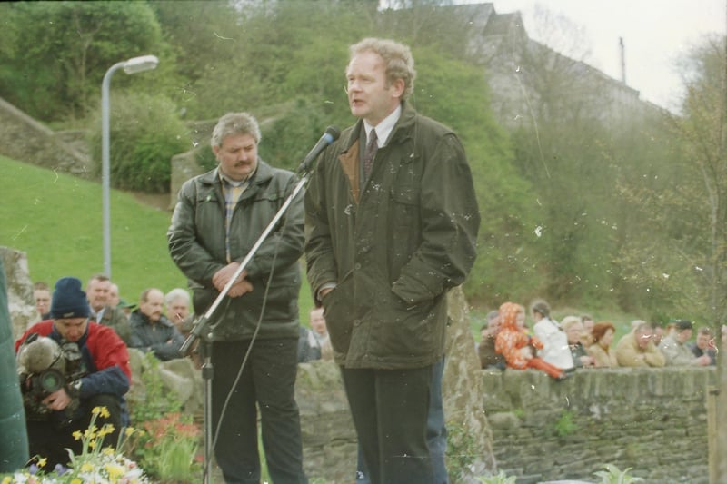 Martin McGuinness delivering an address at the republican monument on the Lecky Road on Easter Sunday 1998.
