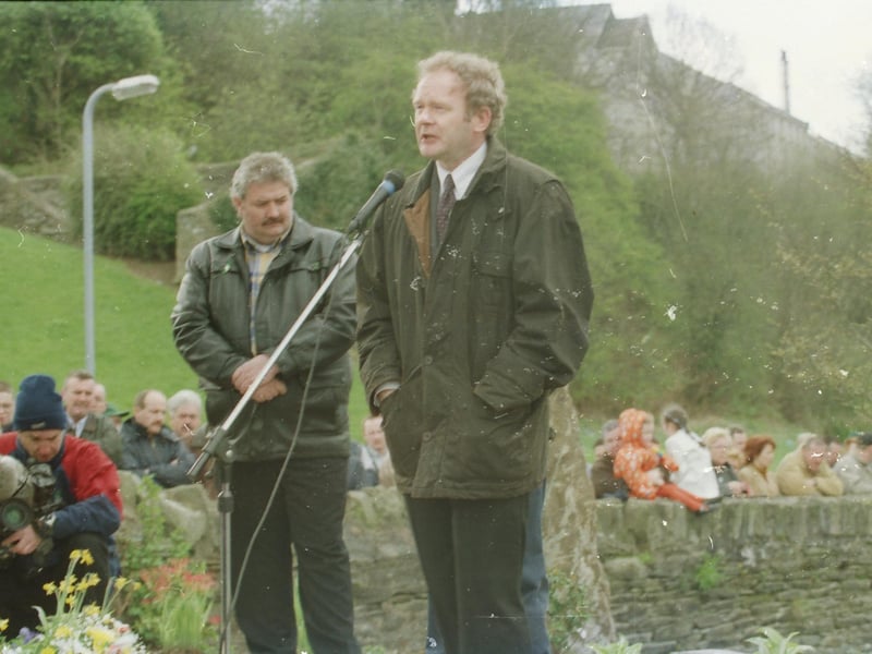Martin McGuinness delivering an address at the republican monument on the Lecky Road on Easter Sunday 1998.