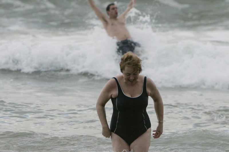 New year day swimmers at Warren Beach, Culdaff, Co. Donegal braved the atrocious weather in aid of Alzheimers Society. pic. Joe Boland : Dozens of fearless New Year’s Day dippers dive into the North Atlantic at Culdaff as part of the annual festive tradition in 2005.
