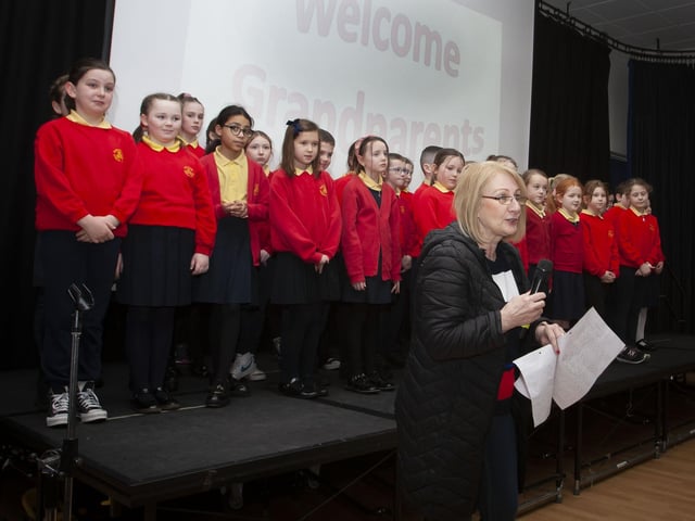 Grandparent Mrs Moran addressing the attendance at ‘Grandparents To School Day’ at Steelstown PS on Wednesday.