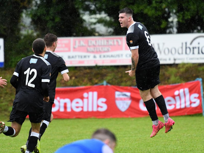 Maiden City's Ethan Doherty celebrates after scoring against Carndonagh during their O'Neills Foyle Cup Under-19 final against Carndonagh at Ardmore.