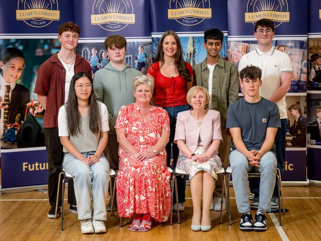 Students who attained an outstanding 3A* grades or better in their A2 examinations with Mrs Edel Moore (Chairperson, Board of Governors) & Dr Marie Ferris (Principal).