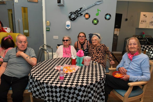 Noel Boyle, Sally O’Donnell, Clare Fleming, Betty Lowry and Millie McKinley pictured at the 1950’s party Berna held in the Oakleaves Care Centre, Racecourse Road on Thursday afternoon last. Photo: George Sweeney. DER2326GS – 34