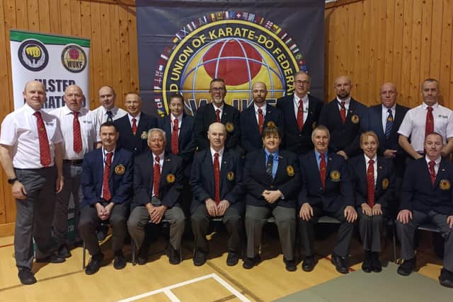 The referees, judges and officials at the 16 UKF Invitational Tournament pictured with Sensei Mandy McNulty, Chief Referee, (seated, front) with Denis Donaghey UKF and Aileach Karate Club (seated third from left seated), Sensei Columba McLaughlin (seated third from right) and Sensei Vivianne Trorey (seated second from right).
