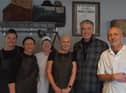 Movie star Pearse Brosnan pictured with staff of Gap Coffee Company in Bridgend on Wednesday. Picture: Gap Coffee Company