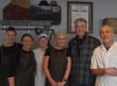 Movie star Pearse Brosnan pictured with staff of Gap Coffee Company in Bridgend on Wednesday. Picture: Gap Coffee Company