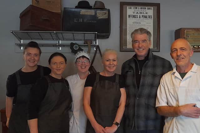 Movie star Pearse Brosnan pictured with staff of Gap Coffee Company in Bridgend on Wednesday. Picture: Gap Coffee Company