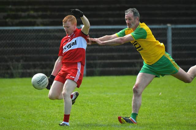 Derry Masters’ captain Jimmy O’Connor gets off a shot during the game against Donegal Masters at O’Cahan Park on Saturday afternoon.  Photo: George Sweeney. DER23118GS – 88