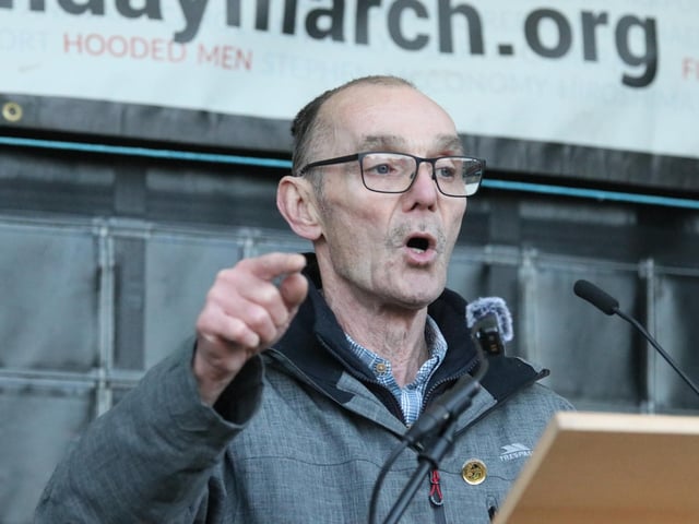 Liam Wray whose brother James was murdered by the British Paras on Bloody Sunday 1972, speaking at the "Unfinished Business March for Justice". (Photo - Tom Heaney, nwpresspics)