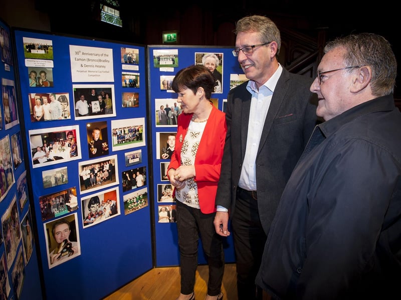 Pictured at the Bronco Bradley and Denis Heaney Memorial Soccer Tournament 30th Anniversary celebrations in the Guildhall are from left, Eddie and Mary Cooley and Councillor Tony Hassan. DER3515MC031
