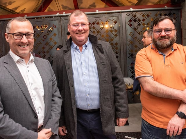Aidan O’Kane, Stephen Gillespie and Jonathan Murphy, pictured at the opening of The Taproom at the Walled City Brewery. Picture Martin McKeown. 21.10.22