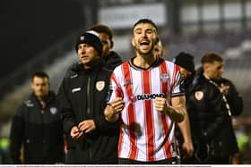 Michael Duffy of Derry City celebrates after his side's victory over Galway United at Eamonn Deacy Park.