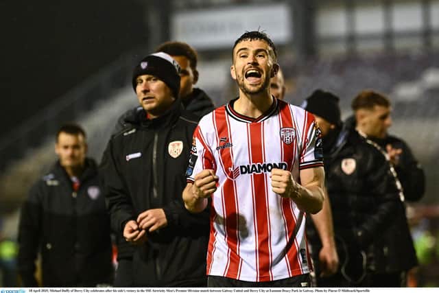 Michael Duffy of Derry City celebrates after his side's victory over Galway United at Eamonn Deacy Park.