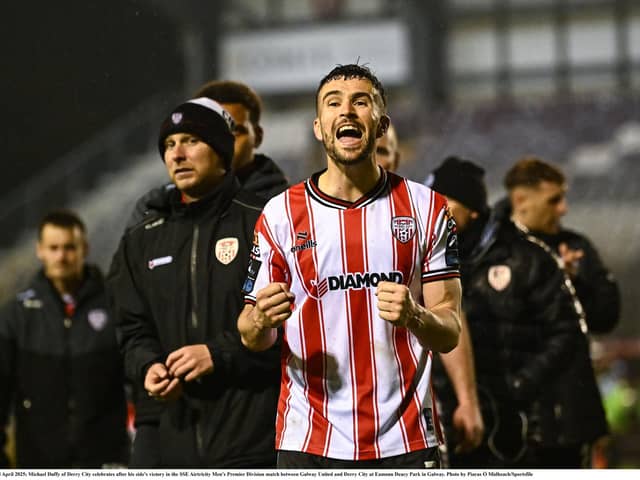 Michael Duffy of Derry City celebrates after his side's victory over Galway United at Eamonn Deacy Park.