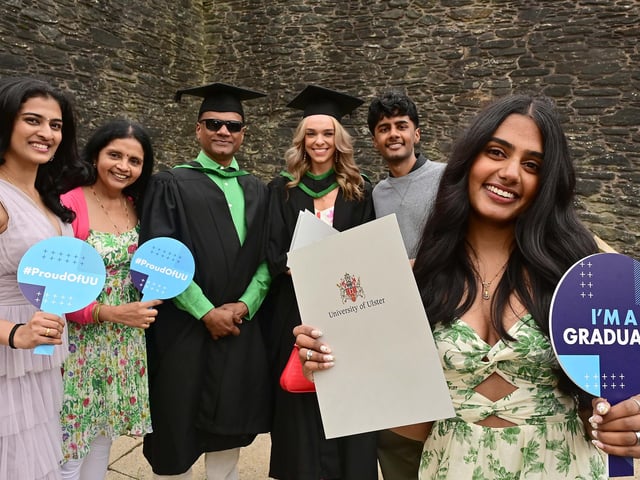 You're cap-tivating in that gown! Dad trying out Ulster University graduate gown from daughter Uma Shankar who graduates alongside friend Chloe O’Hagan in BSc (Hons) Physiotherapy from Ulster University Derry.
