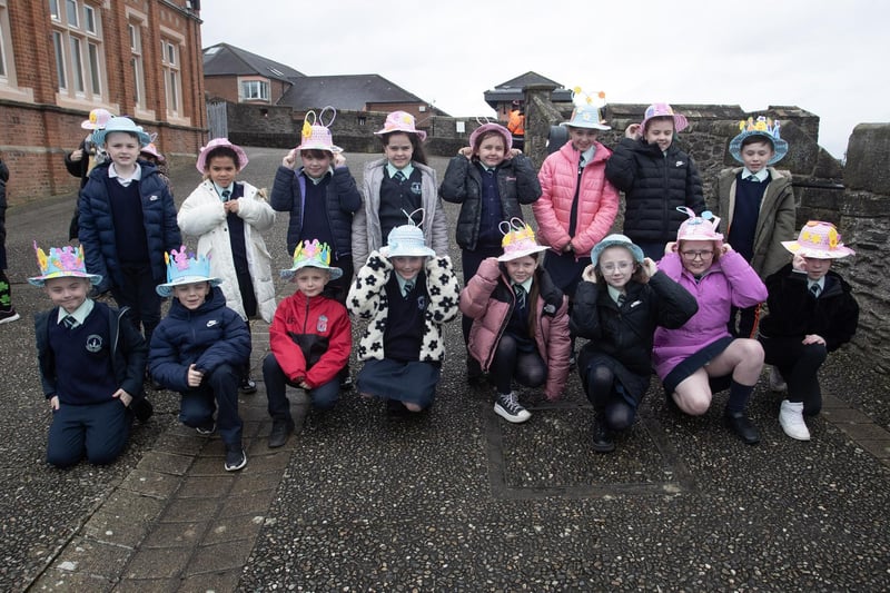 HOLD ON TO YOUR BONNETS!. . .  .A windy day as the Long Tower PS primary fives get ready for the off at the Feile Derry's Easter Bonnet Parade down the City's Walls and into Guildhall Square on Wednesday morning last. (Photos: Jim McCafferty Photography)