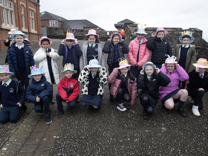 HOLD ON TO YOUR BONNETS!. . . .A windy day as the Long Tower PS primary fives get ready for the off at the Feile Derry's Easter Bonnet Parade down the City's Walls and into Guildhall Square on Wednesday morning last. (Photos: Jim McCafferty Photography)