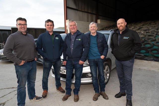 Donald Logue, Andrew Frank McClean, Brendan McLaughlin and James Strain at the IFA County Executive Dairy Meeting on the farm of Charles McCandless, Culdaff on Thursday last.  Photo Clive Wasson.